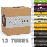 Lip Balm Gift Set - Packs of 12 Tubes of Beeswax Lip Care - With Natural Ingredients - Flavors: Peppermint, Green Tea, Acai Berry, Asian Pear, Pomegranate, Honey and Vanilla Bean - Made in the USA by Beauty by Earth